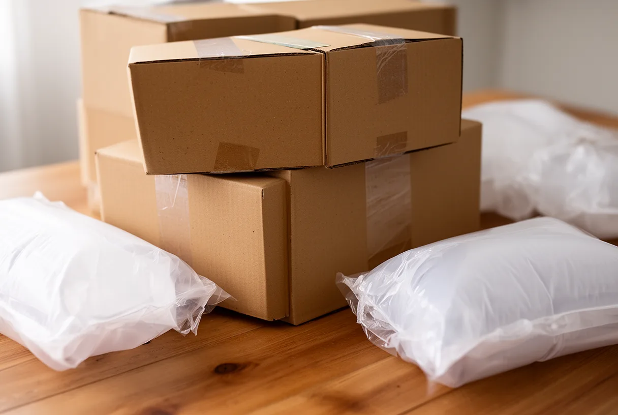 Cartons d'expédition empilés sur une table en bois