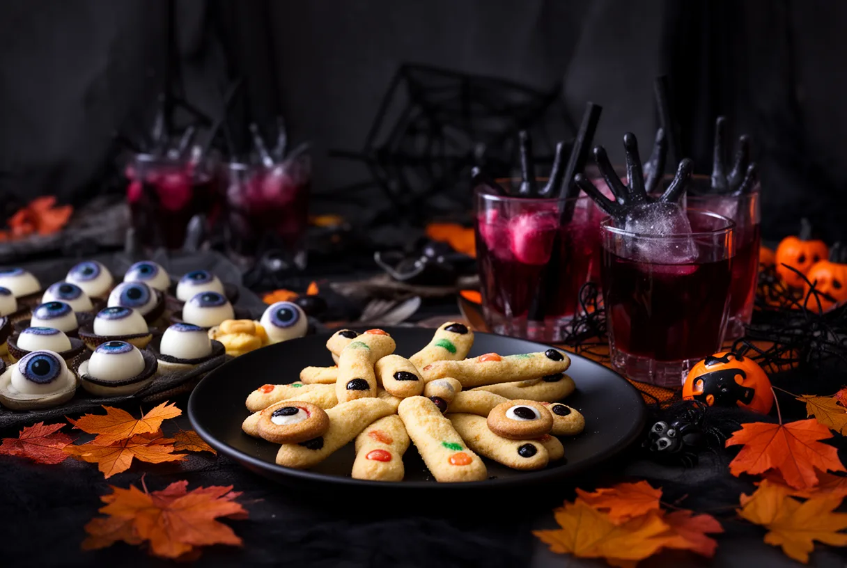 Table d'apéro Halloween avec doigts de sorcière, yeux de litchi et cocktails rouge sang
