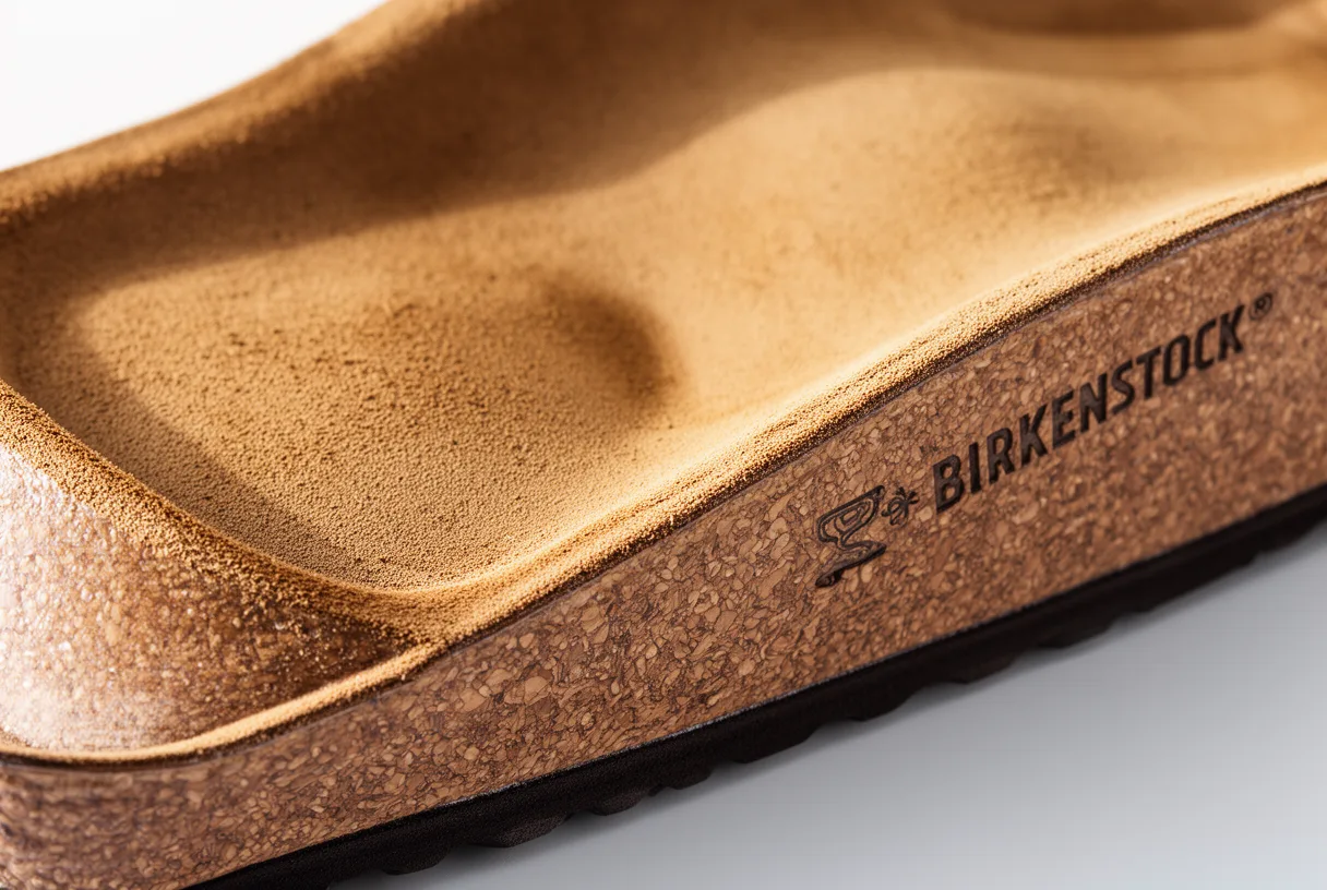 Gros plan sur la semelle intérieure d'une Birkenstock en liège et latex