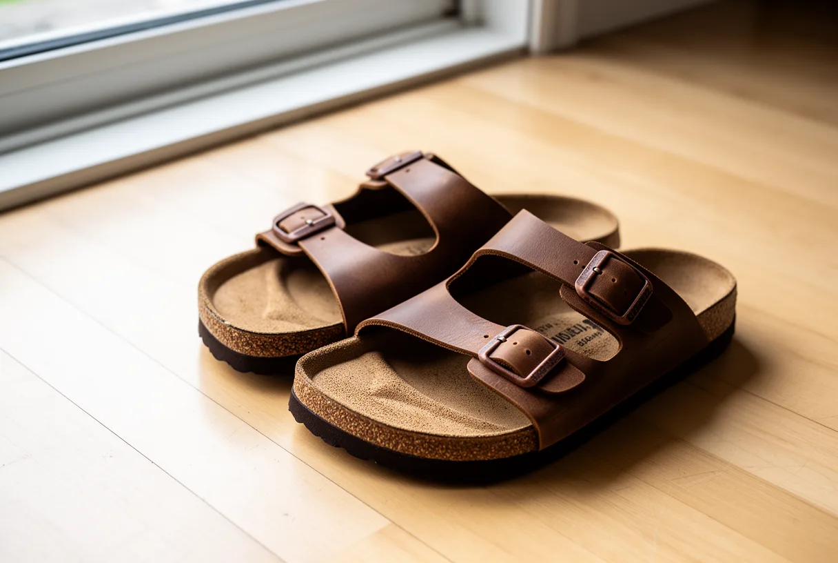Paire de sandales en cuir marron à deux brides avec semelle en liège