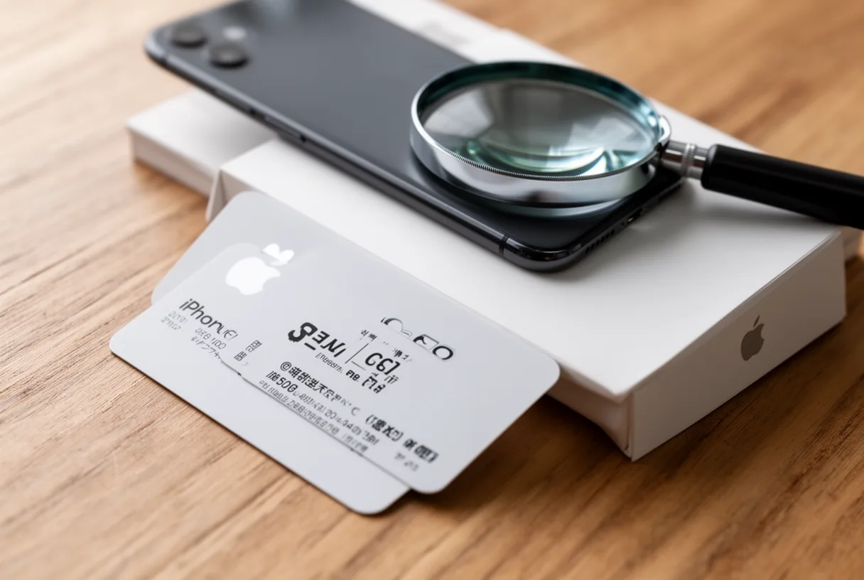 Carte cadeau Apple et boîte d'iPhone sur une table en bois, avec une loupe pour symboliser la vérification des prix