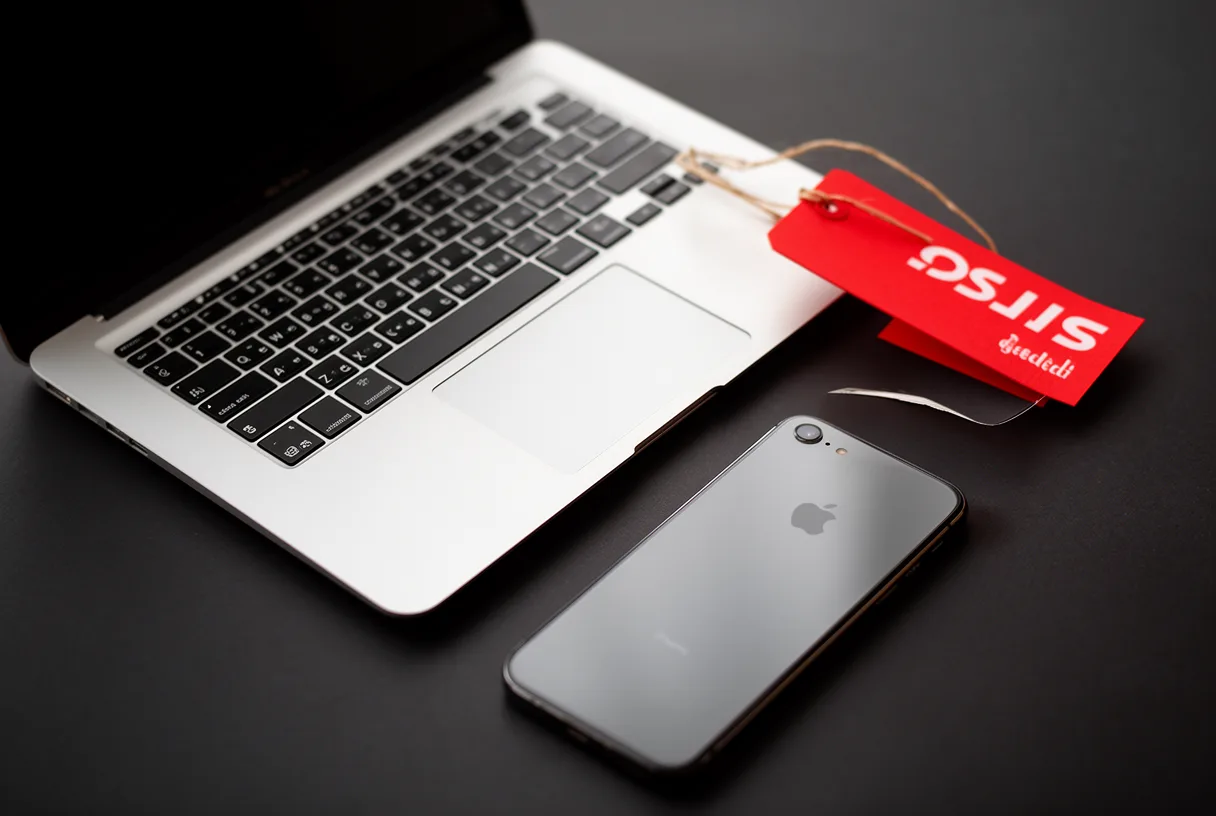 MacBook et iPhone sur fond sombre avec une étiquette rouge de promotion
