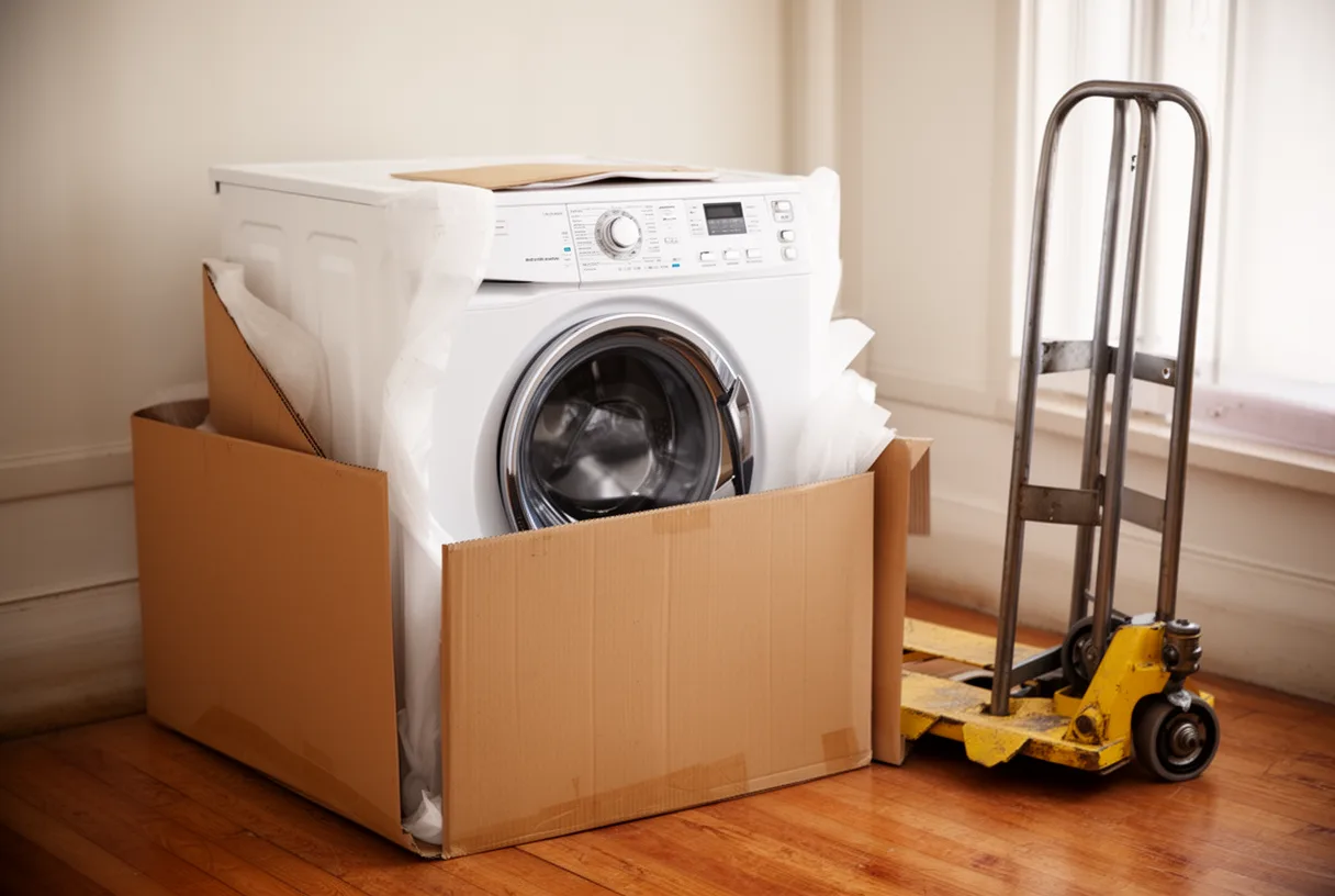 Lave-linge en carton prêt à être installé, symbole de la logistique du Black Friday