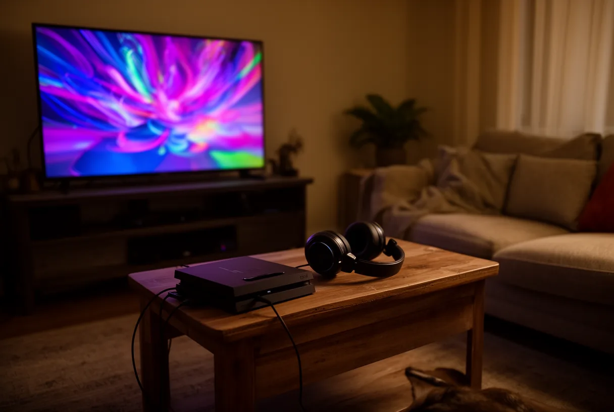 Salon équipé d'un téléviseur, d'une console et d'un casque audio, ambiance Black Friday