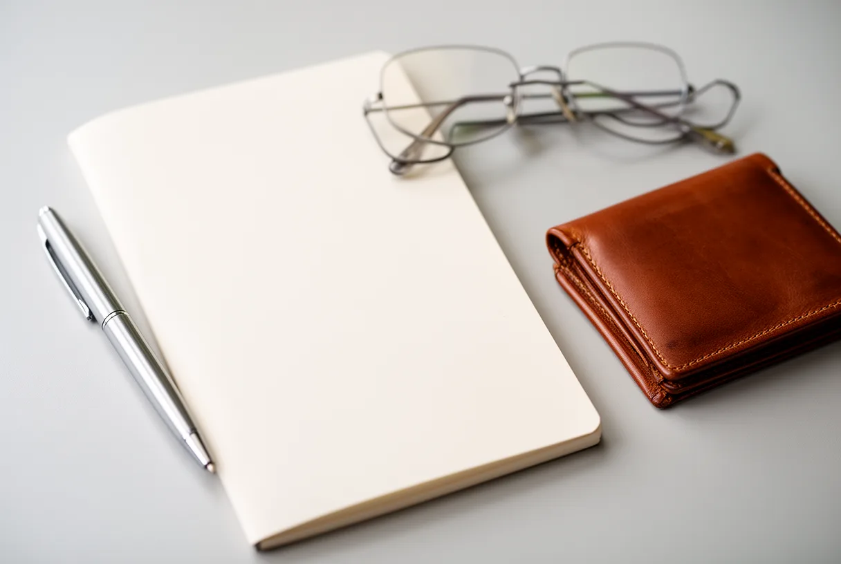 Objets posés sur un bureau clair, évoquant la préparation d'une liste d'achats.