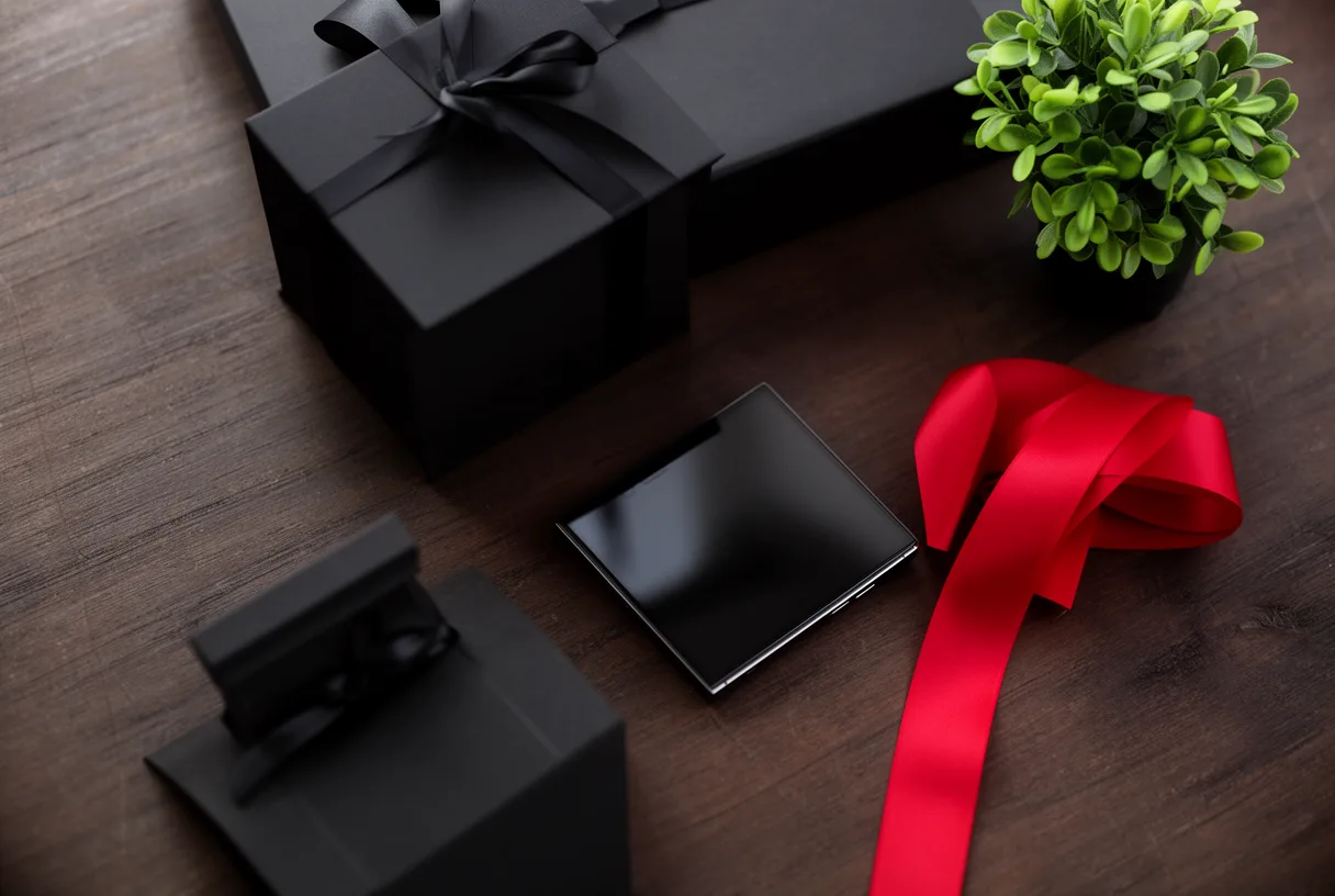 Photographie d'objets posés sur une table sombre, évoquant les achats de fin d'année.