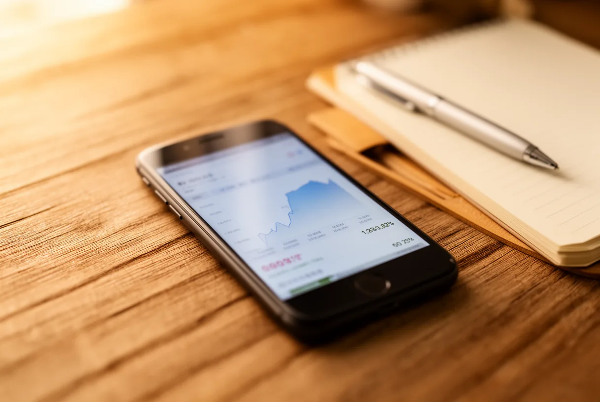 Smartphone affichant une courbe de prix floutée sur un bureau en bois.
