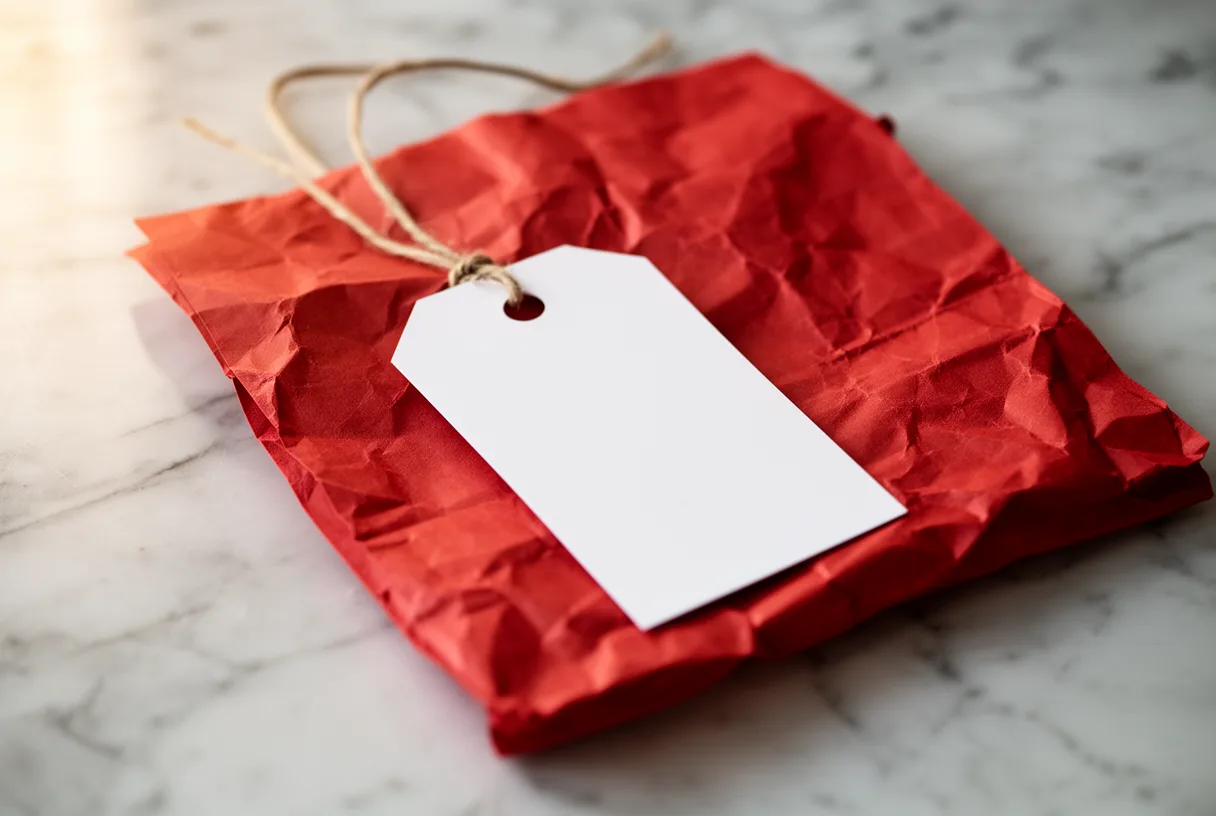 Étiquette de prix blanche vierge accrochée à un sac rouge froissé