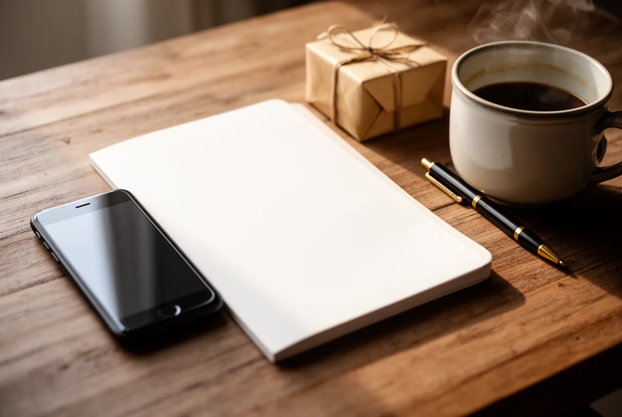 Bureau en bois avec un carnet vierge, un smartphone face cachée, un stylo, un petit cadeau emballé dans du papier kraft et une tasse de café, lumière du matin.