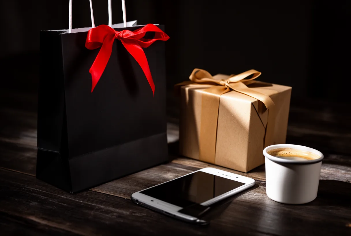 Sac shopping noir avec ruban rouge, boîte cadeau kraft et smartphone sur une table sombre.