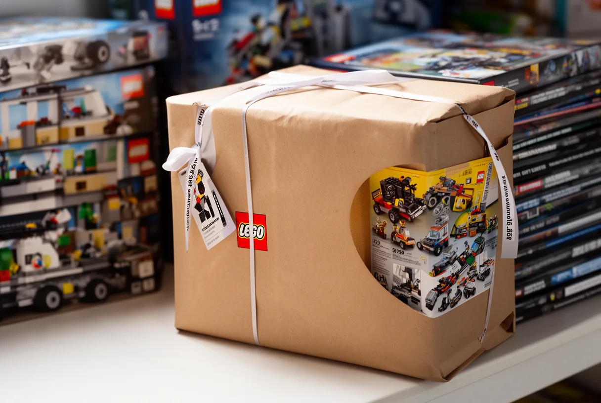 Boîte cadeau offerte par Lego lors du Black Friday, posée à côté d'une pile de sets.