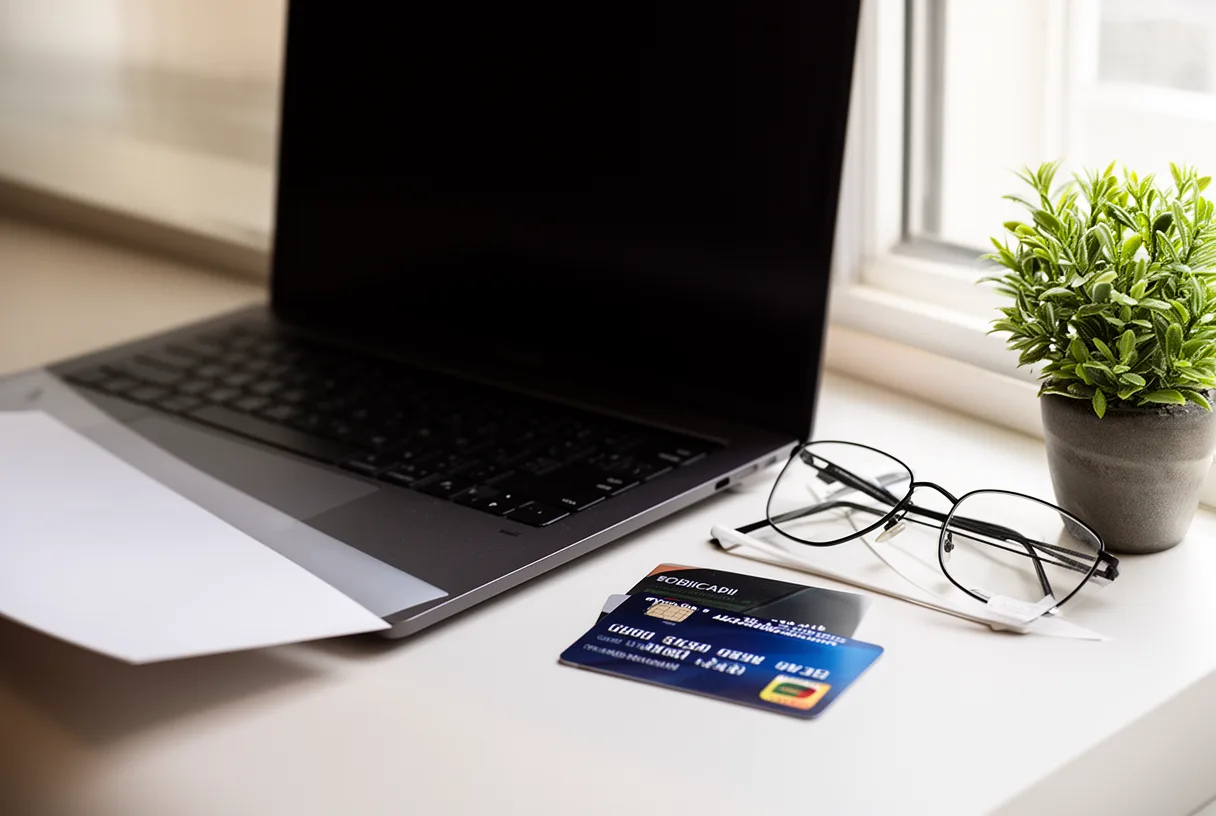 Un ordinateur portable fermé, une carte bancaire et des lunettes posés sur un bureau, symbolisant la vérification des prix en ligne.