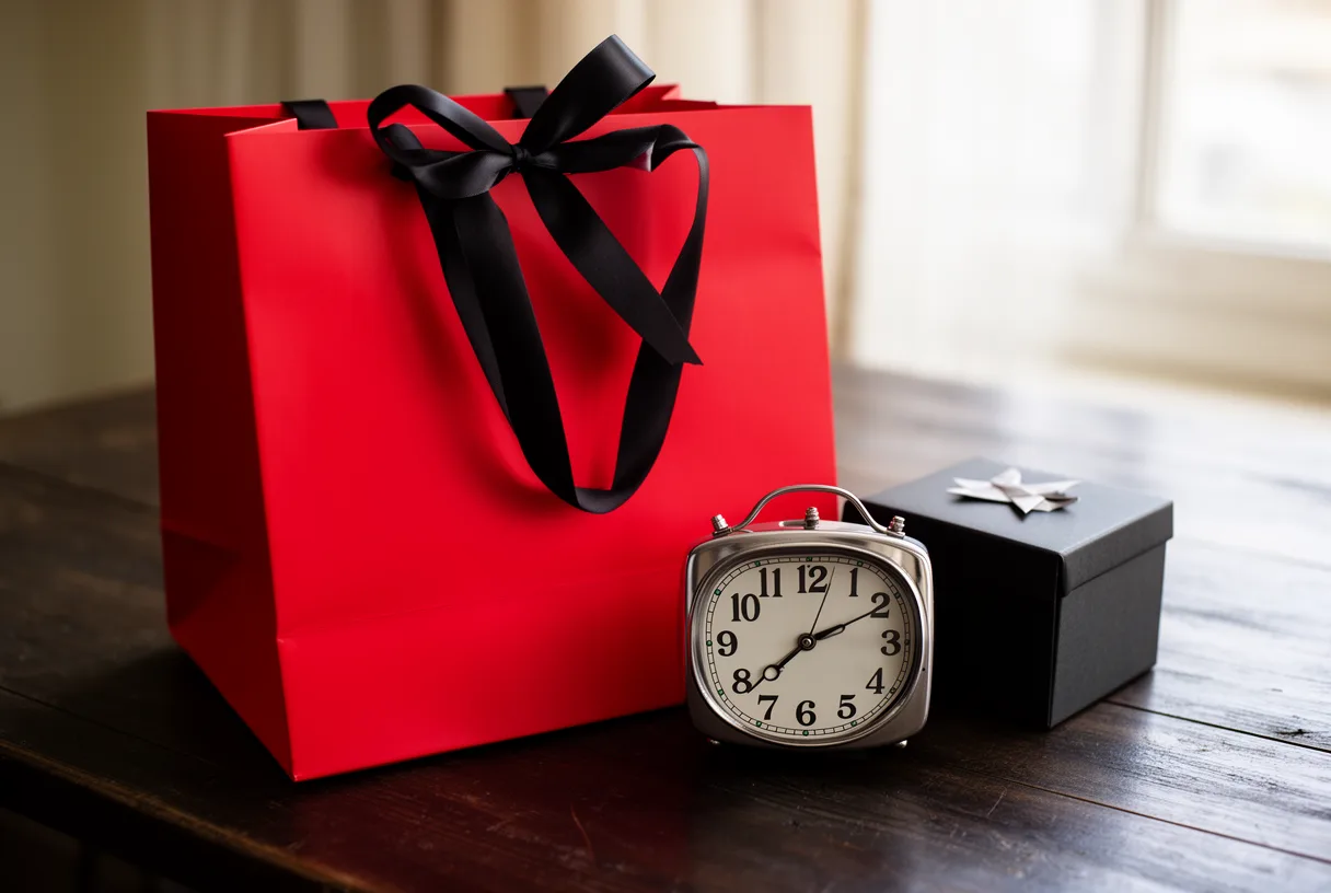 Un sac shopping rouge avec un ruban noir, une boîte cadeau et une horloge indiquant 23h59, symbolisant l'urgence du Black Friday.