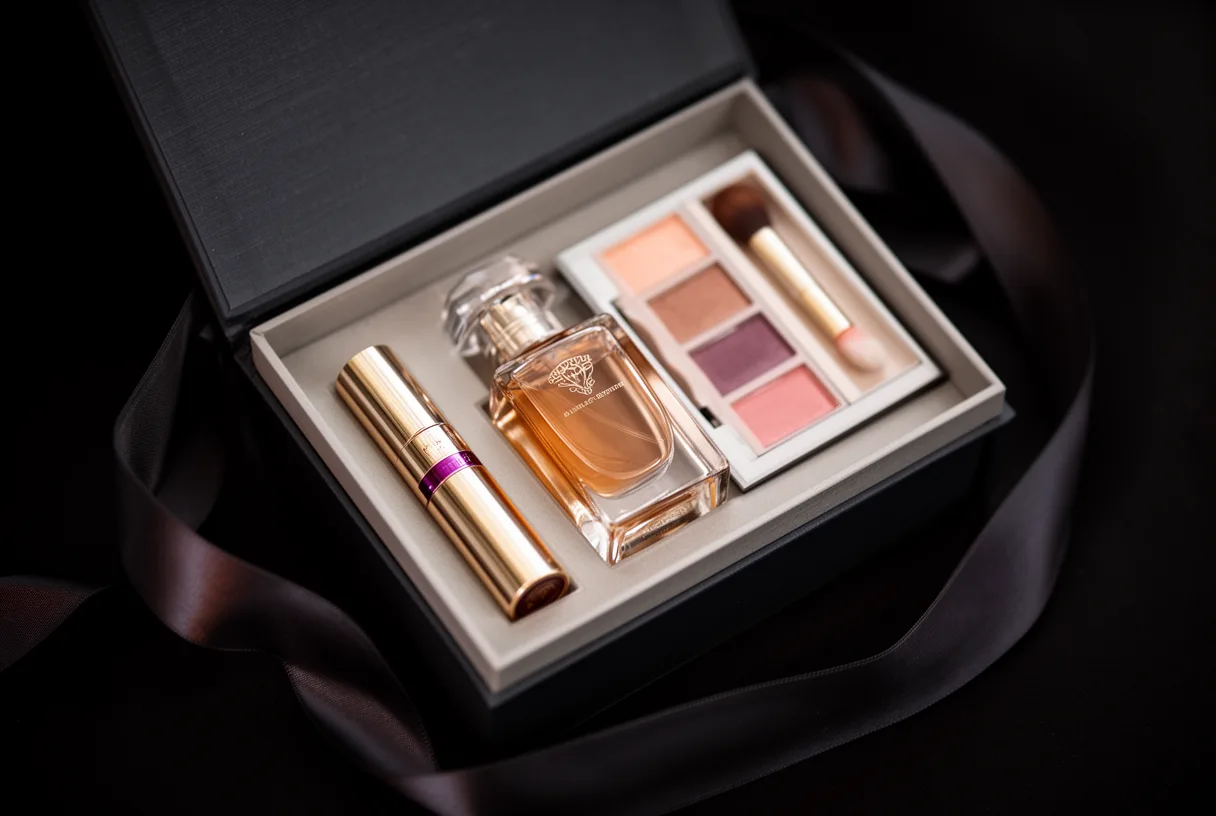 Coffret de beauté ouvert avec parfum et maquillage sur fond noir