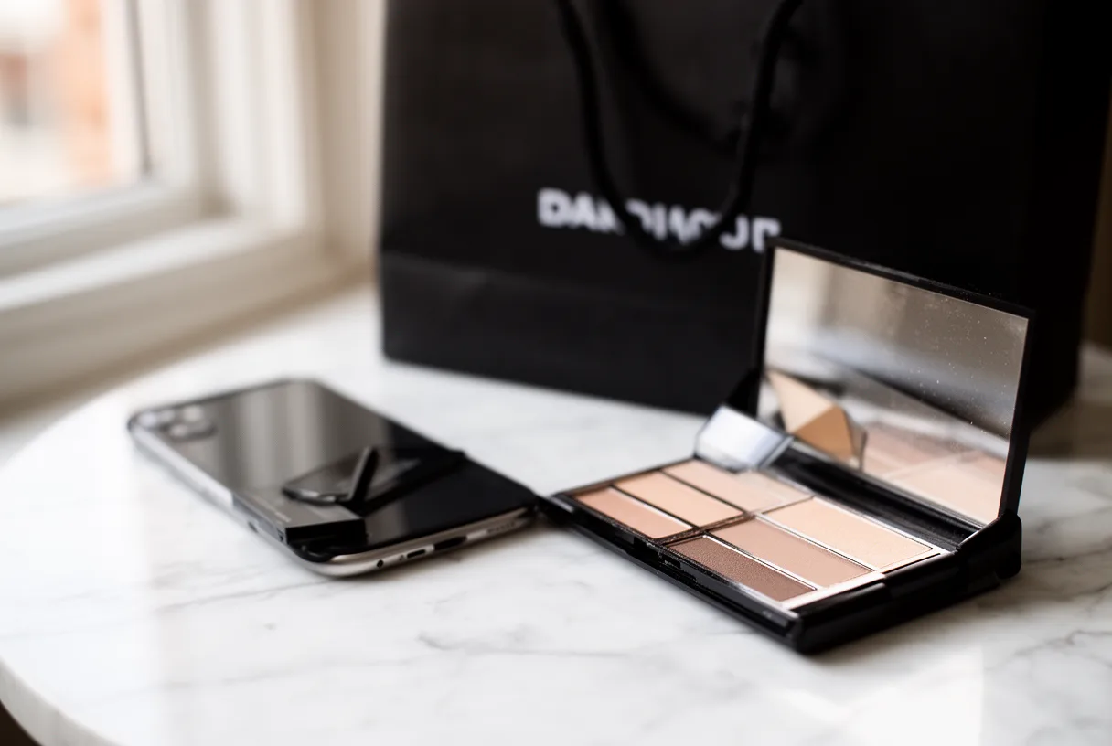 Palette de maquillage ouverte près d’un smartphone posé face cachée sur une table en marbre