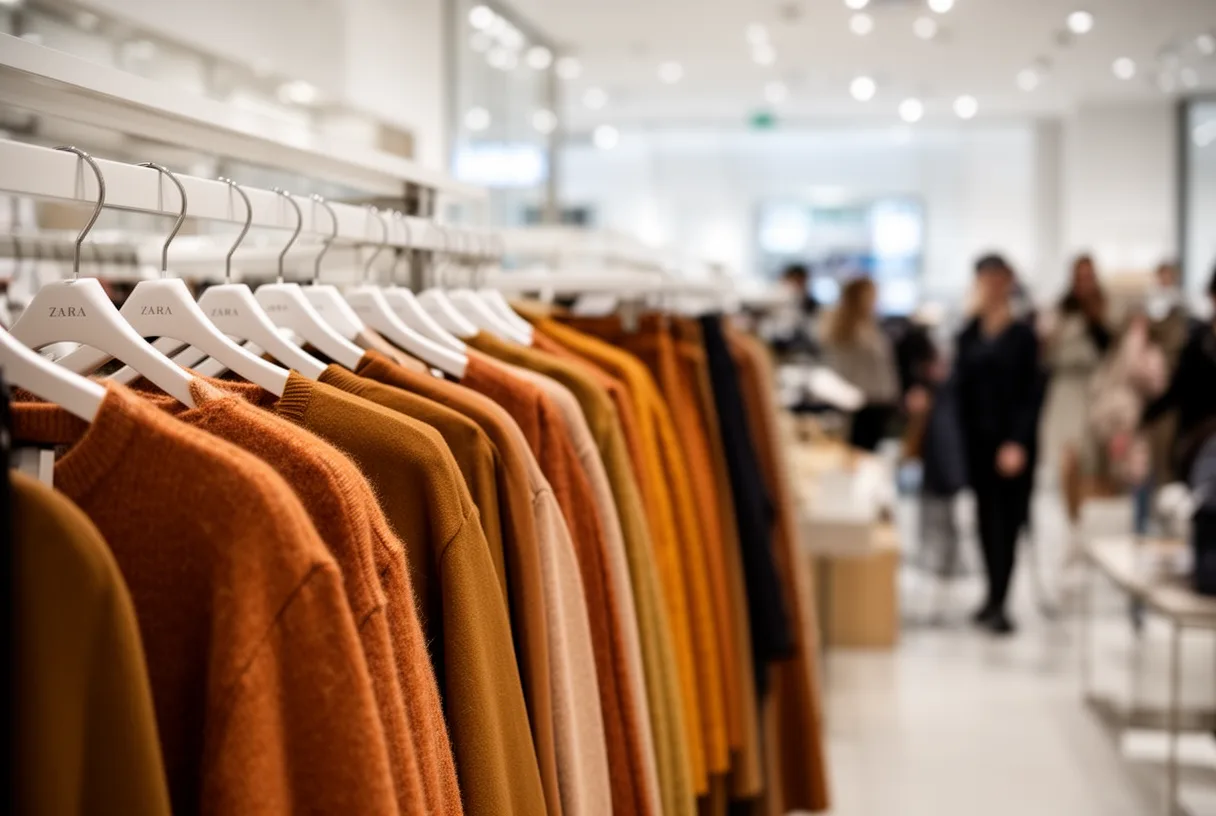 Intérieur d'un magasin Zara pendant le Black Friday avec des portants de vêtements d'automne