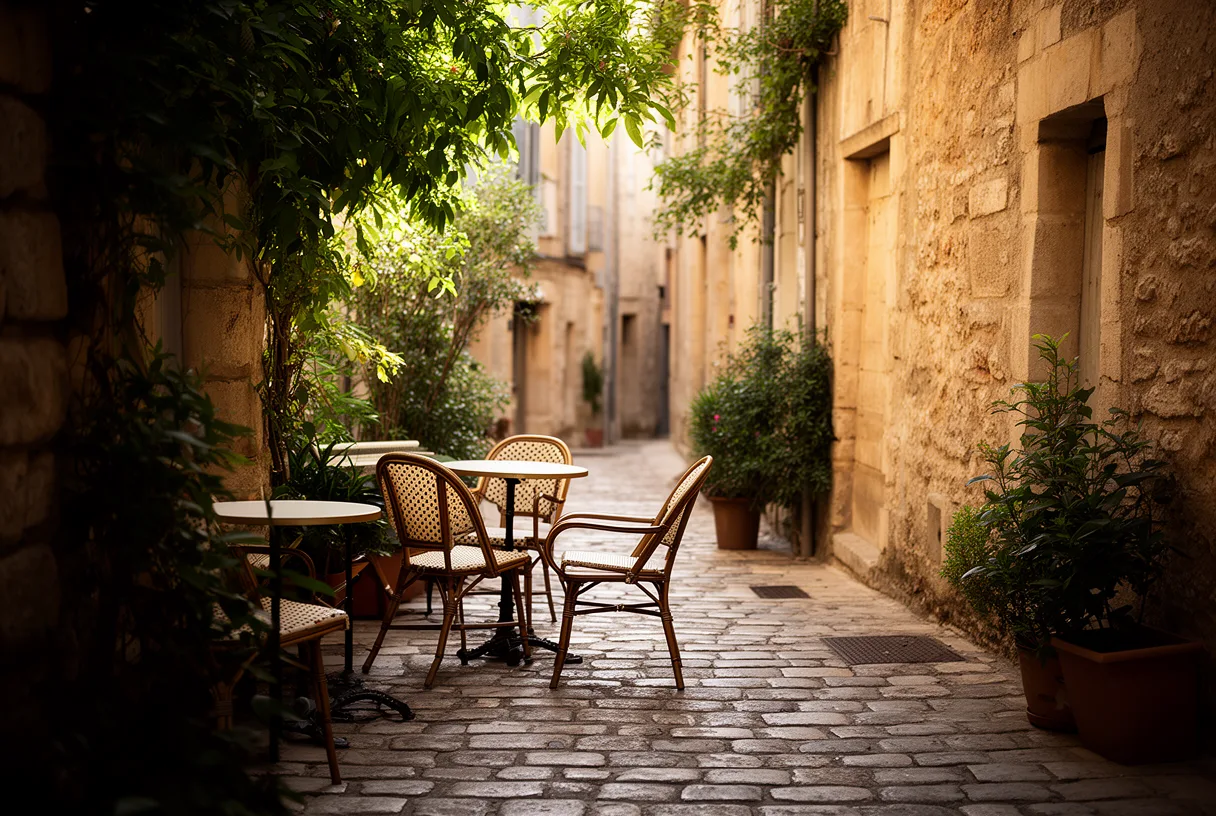 Petite terrasse de café dans une ruelle d'Aix-en-Provence, à l'écart du Cours Mirabeau.