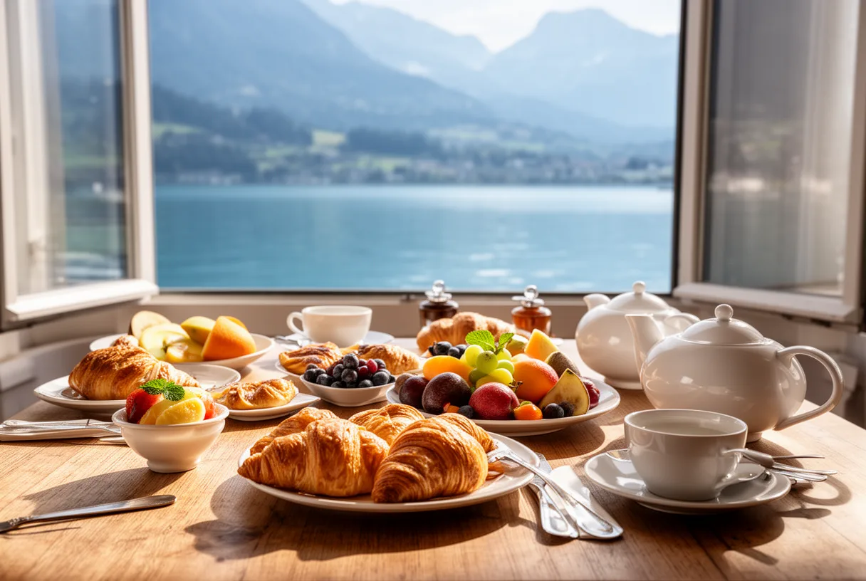 Table de brunch près d'une fenêtre avec vue sur le lac d'Annecy