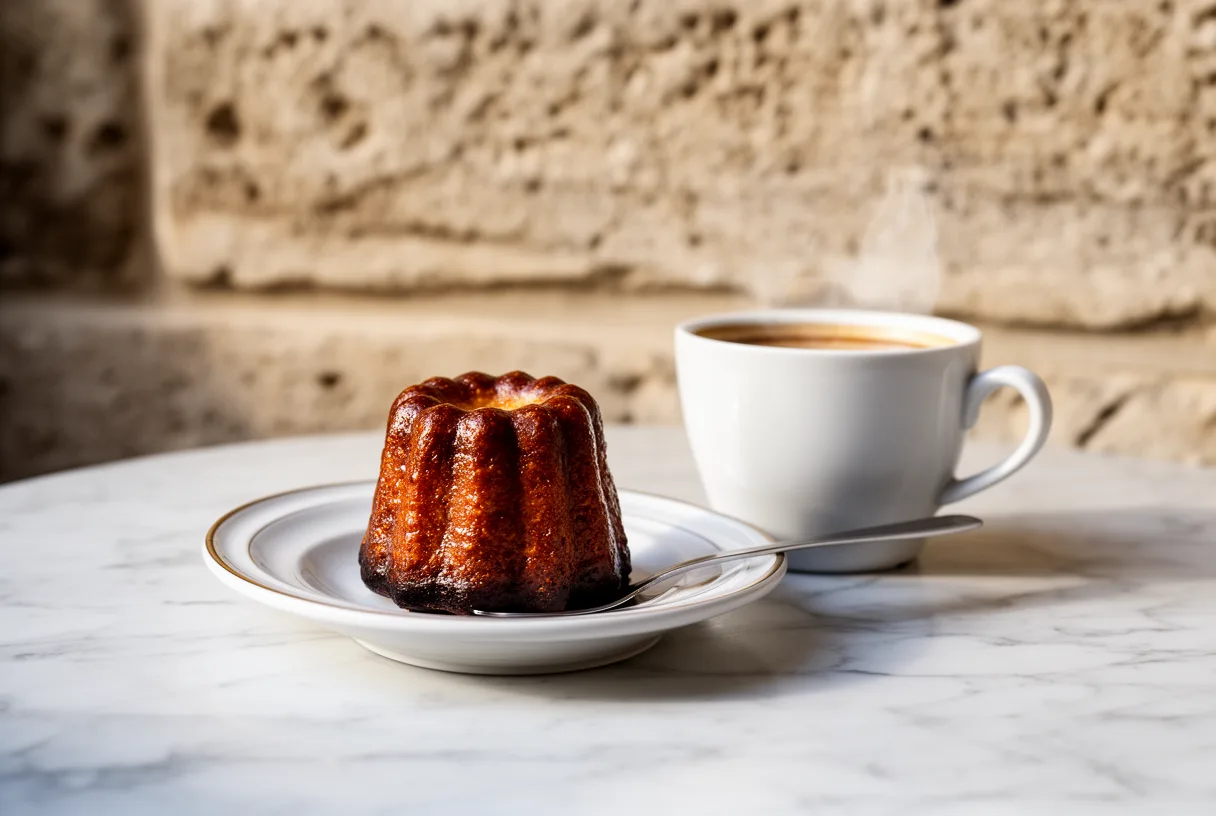 Un canelé et un café posés sur une table de bistrot bordelaise