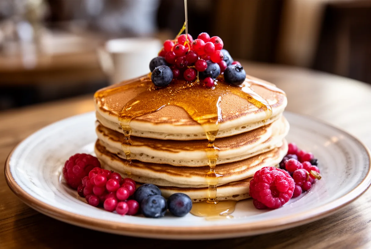 Pancakes nappés de sirop d'érable et de fruits rouges dans un bistro grenoblois