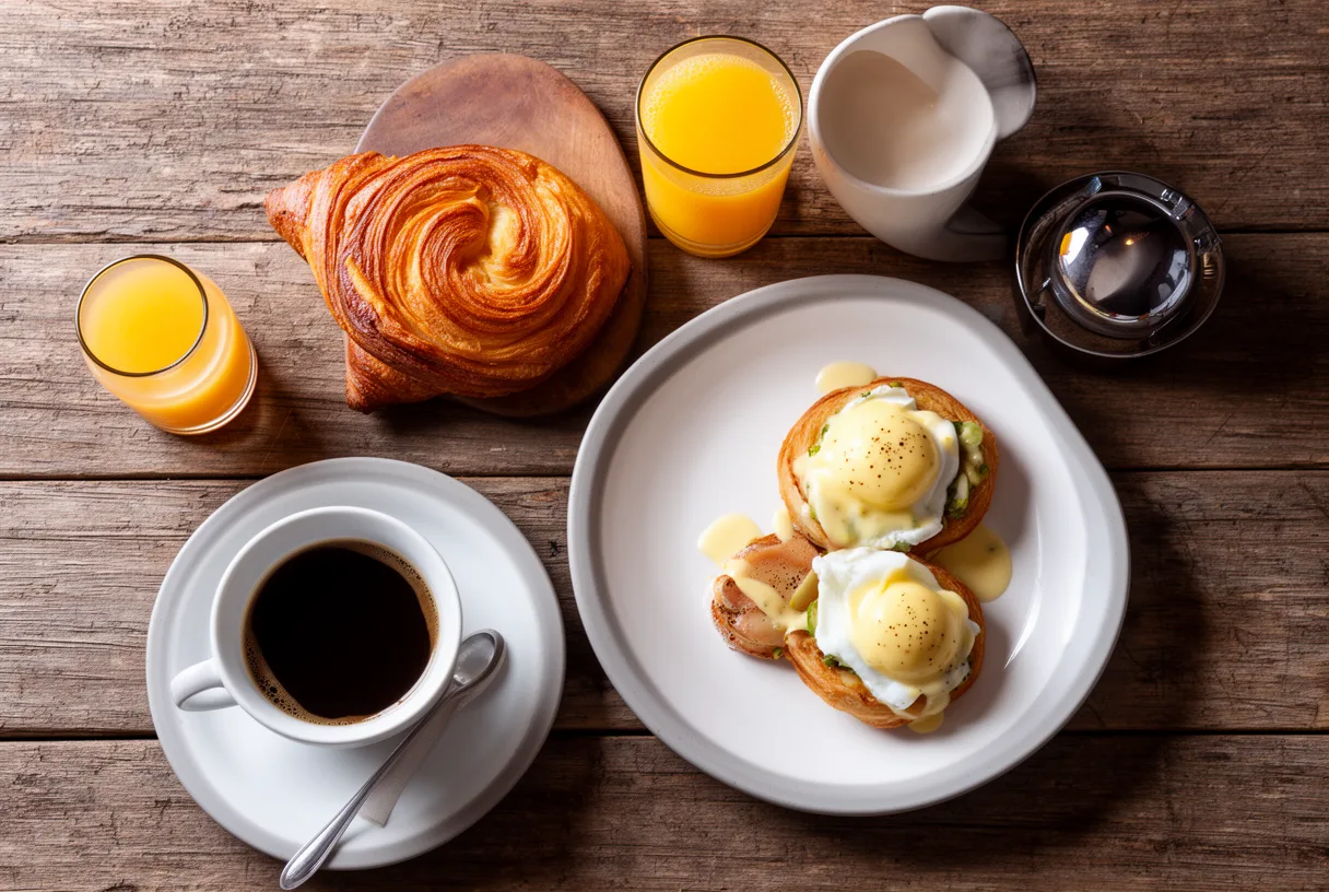 Table de brunch avec viennoiseries, oeufs Bénédicte, jus d'orange et café