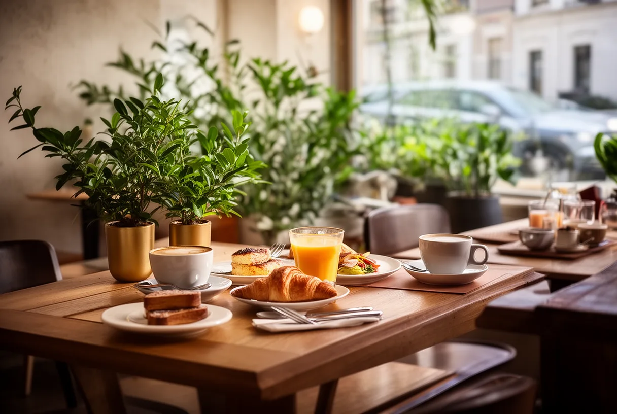 Intérieur d'un café de brunch à Lille avec tables en bois et lumière naturelle