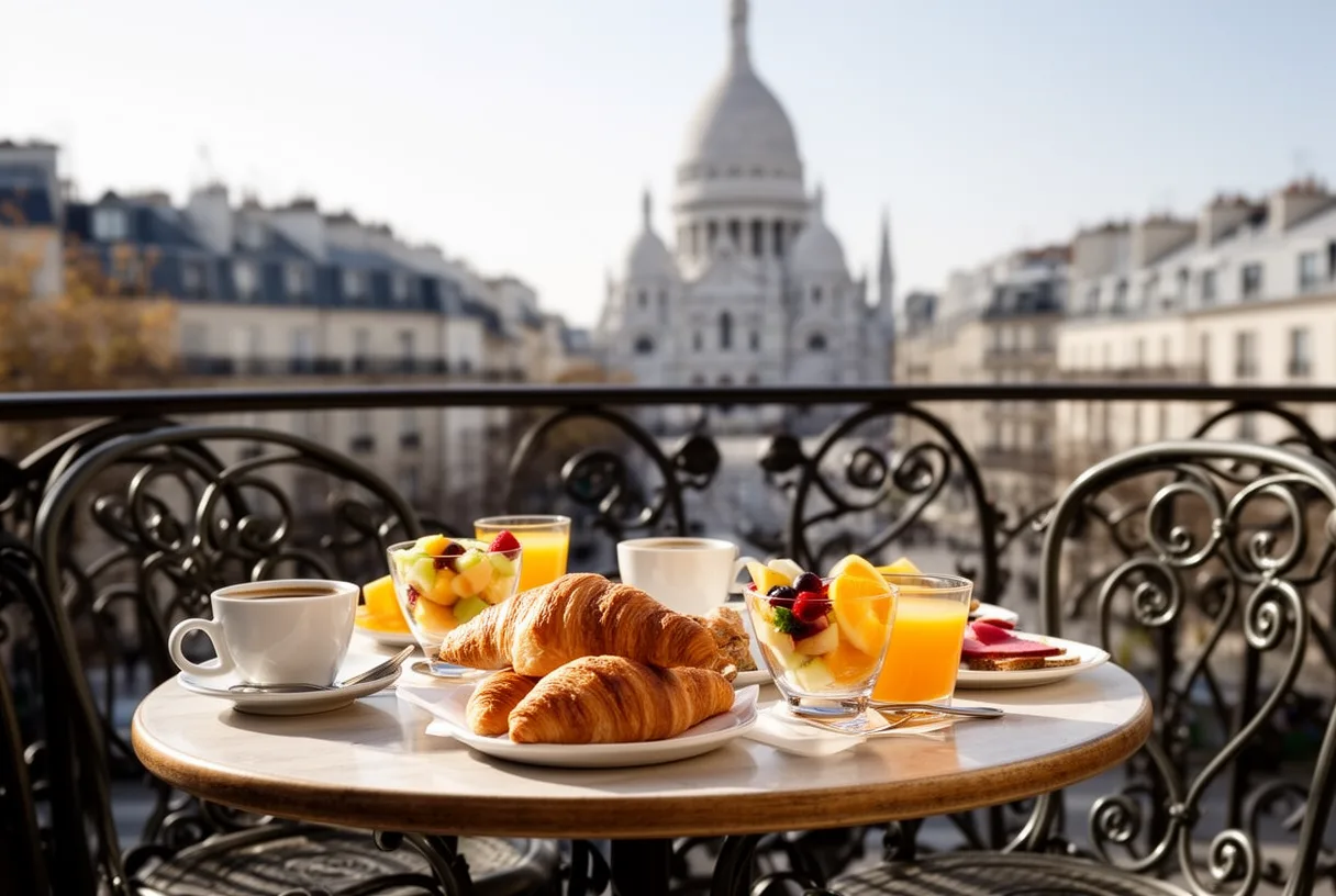 Table de brunch sur une terrasse à Montmartre avec vue floutée sur le Sacré-Cœur