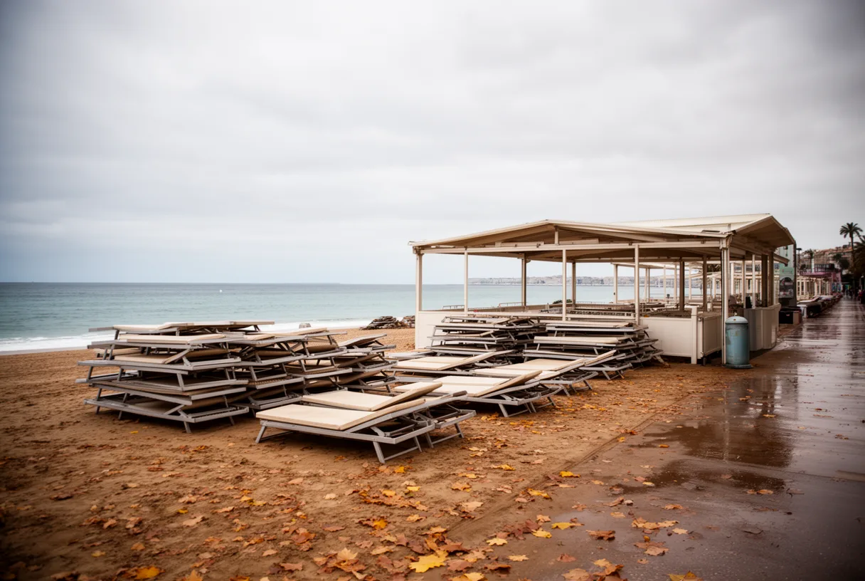 Paillote fermée sur la plage de Nice en octobre