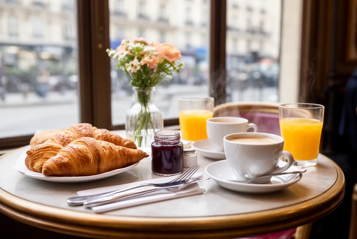Table de brunch parisienne avec croissants, confiture, café et jus d'orange