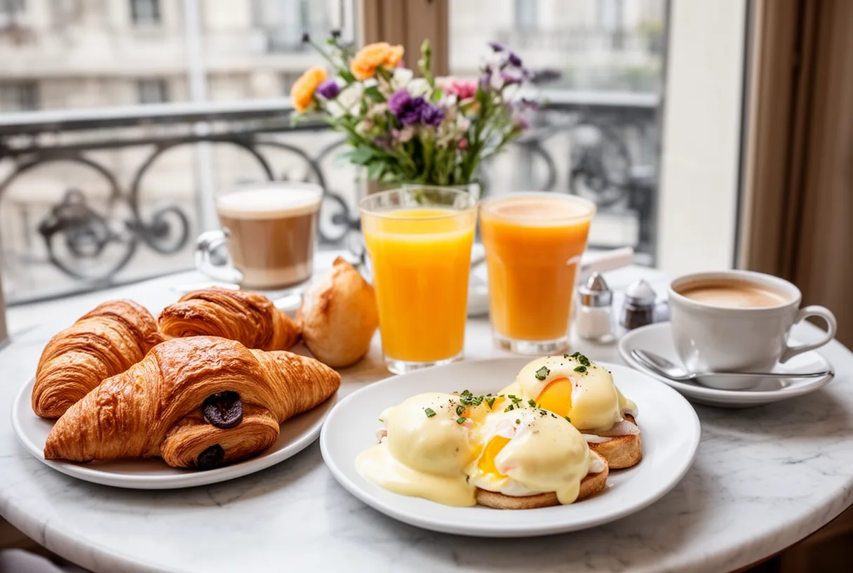 Brunch parisien composé de viennoiseries, œufs Bénédicte, jus d'orange et café