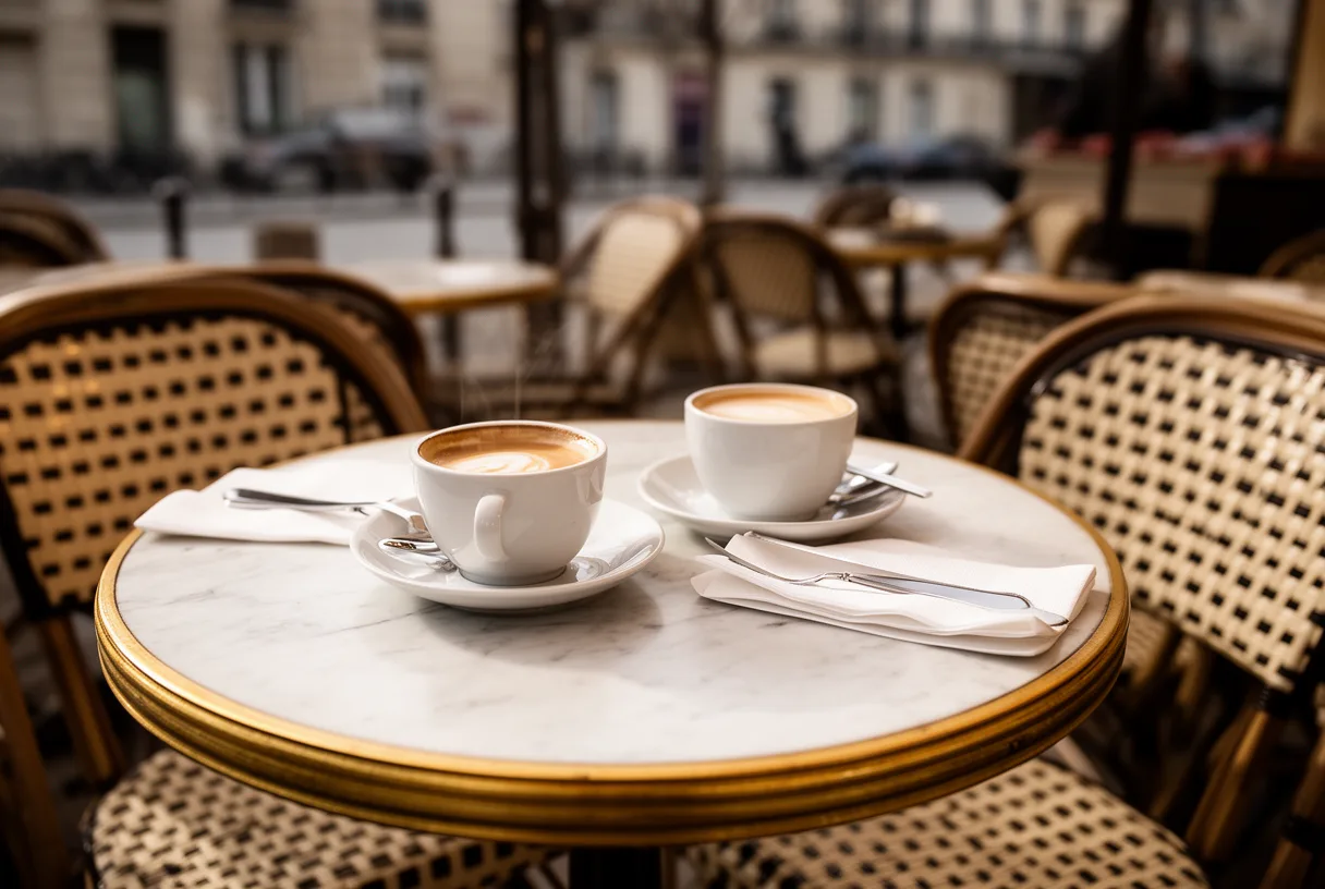 Terrasse de café parisienne vide avec table dressée, avant l'ouverture
