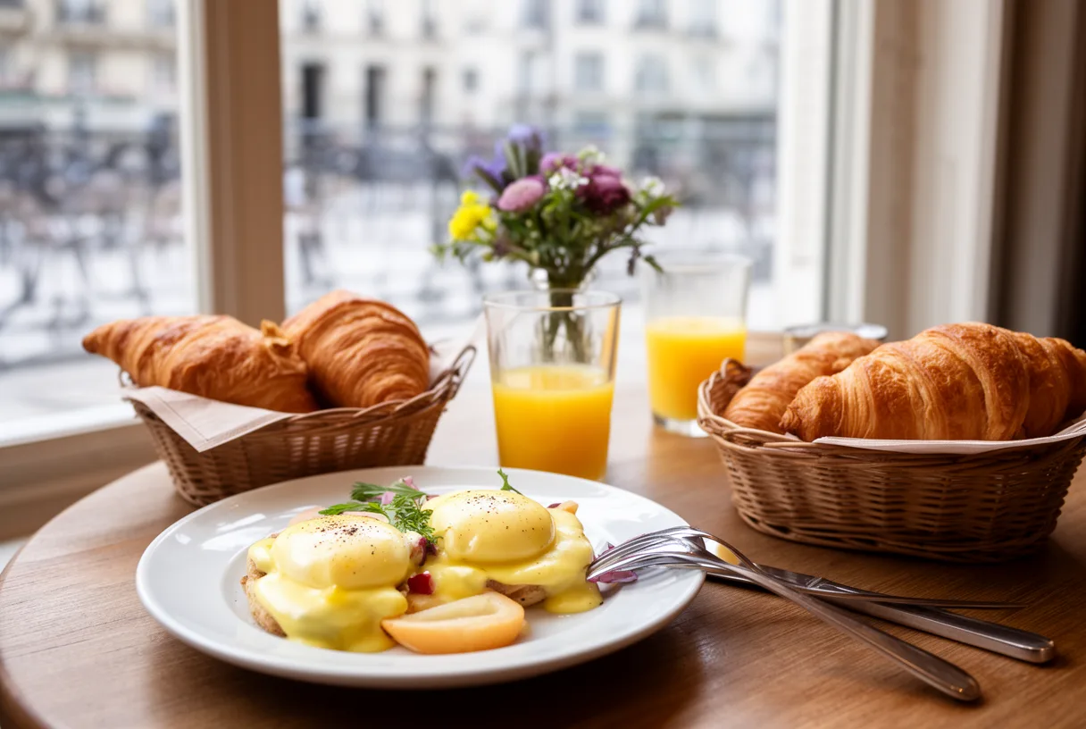 Table de brunch parisien avec assiette d'œufs bénédicte, viennoiseries et jus d'orange