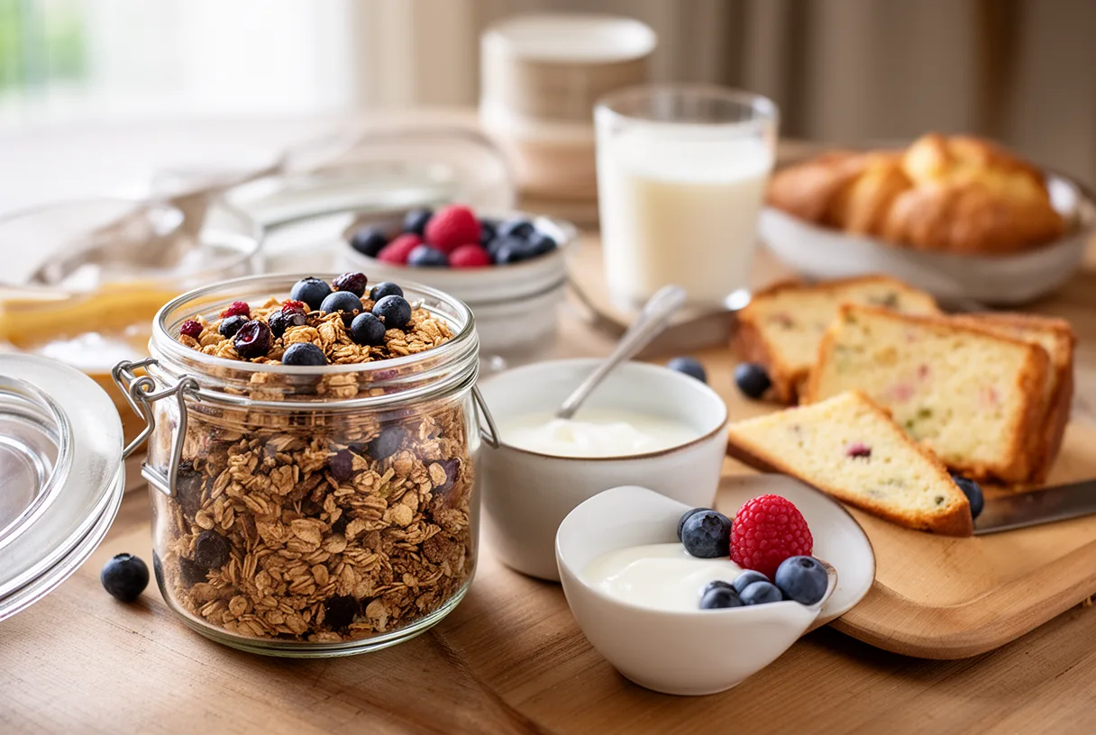 Buffet de brunch avec granola maison et fruits rouges