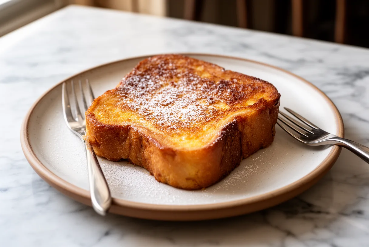 Pain perdu doré sur une assiette en céramique, dans un café toulousain