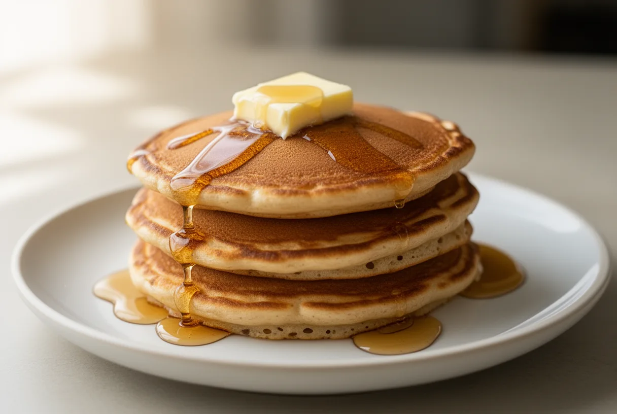 Pancakes moelleux empilés, nappés de sirop d'érable et d'une noix de beurre fondant.