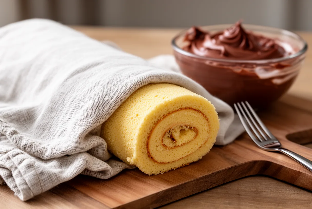 Biscuit roulé enveloppé dans un torchon humide sur une planche en bois, avec un bol de crème au beurre au chocolat et une fourchette.