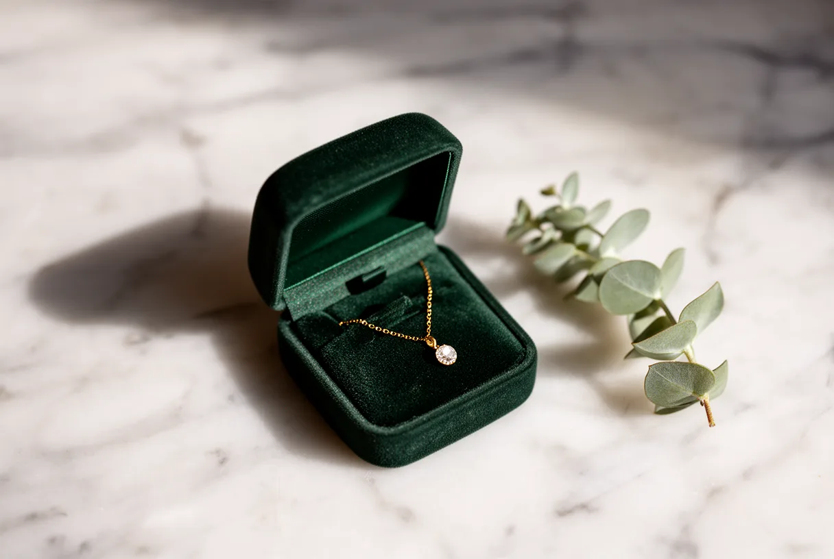 Écrin de velours vert contenant un collier en or, posé sur une surface en marbre