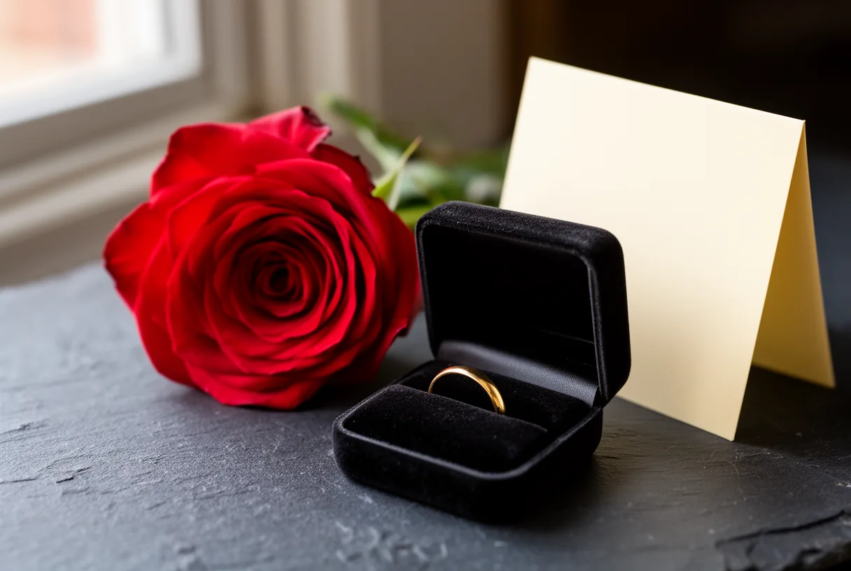 Détail d'une rose et d'un écrin à bague posés sur ardoise