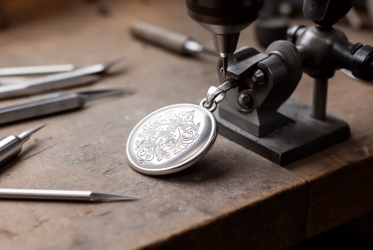 Pendentif en argent en cours de gravure dans un atelier de bijouterie