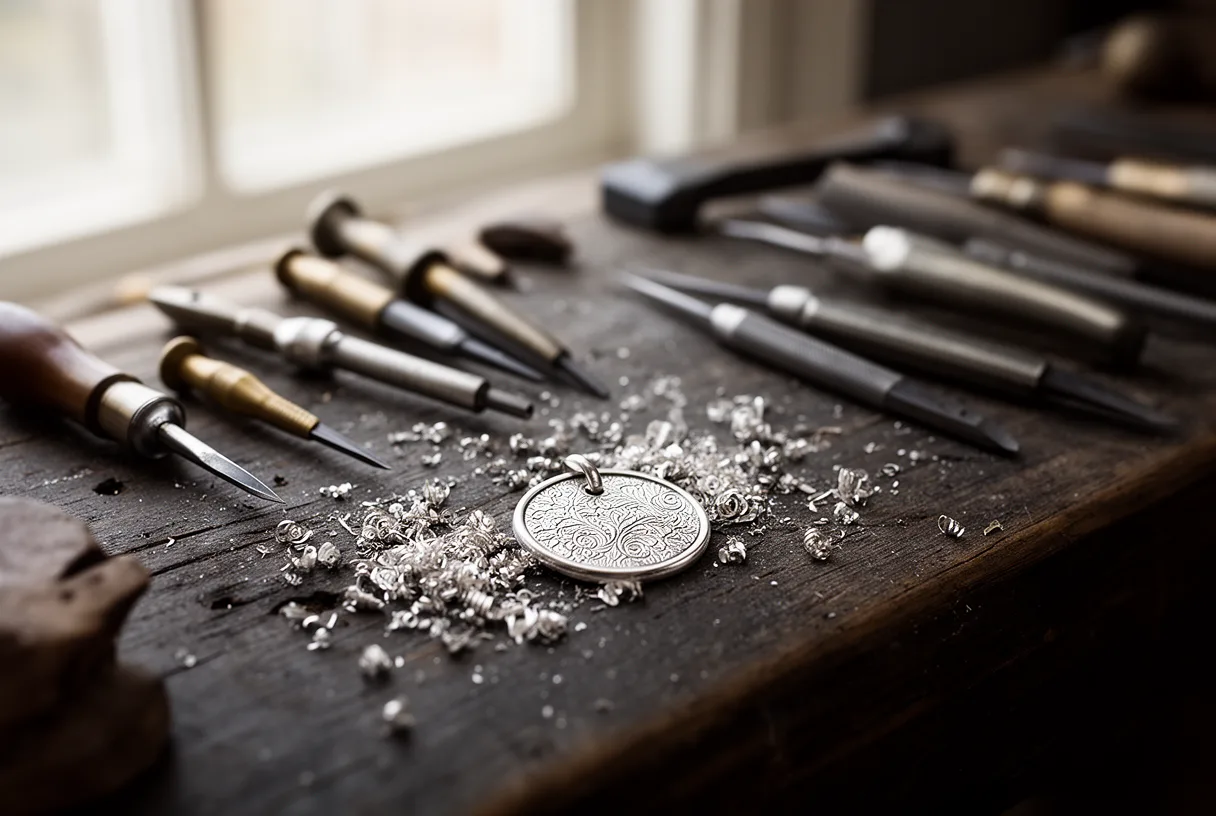 Un établi d'artisan avec des outils de gravure et un pendentif en argent