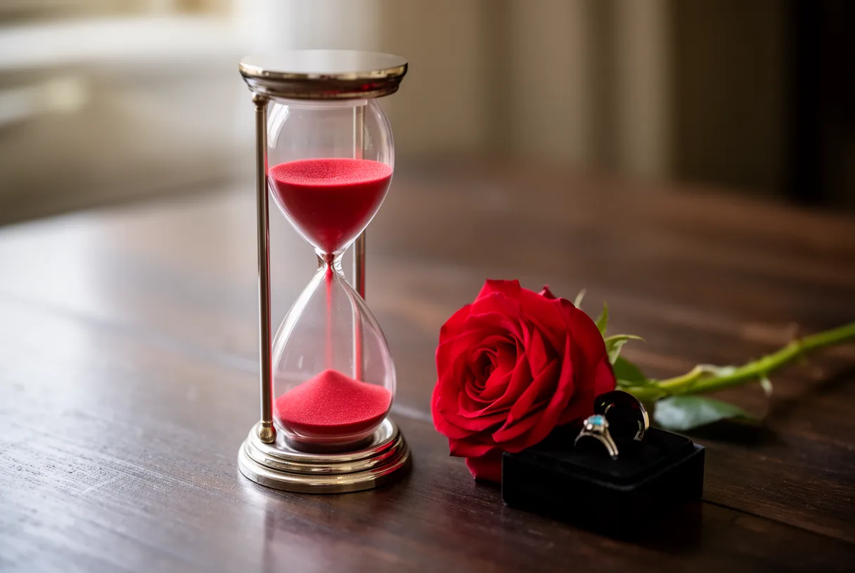 Sablier, rose rouge et écrin noir posés sur une table en bois sombre