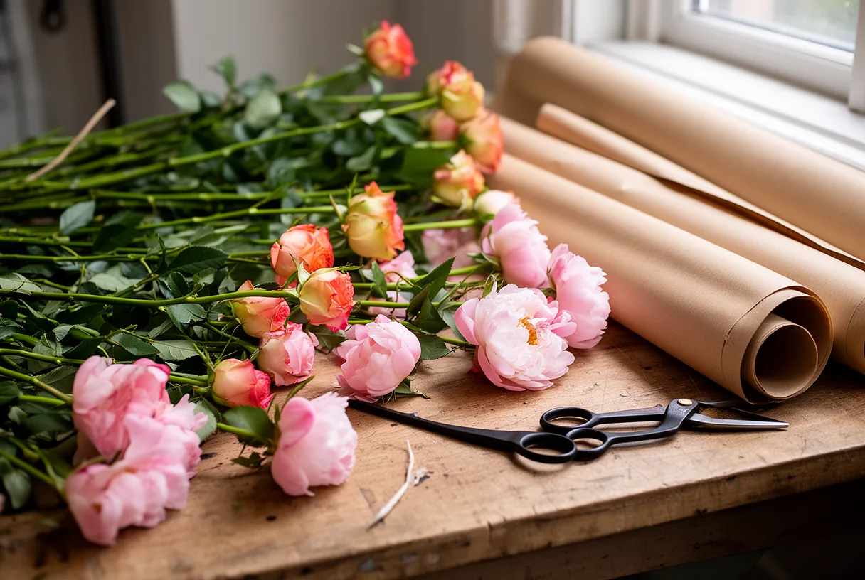 Établi de fleuriste avec des tiges de roses et de pivoines, des ciseaux et du papier kraft