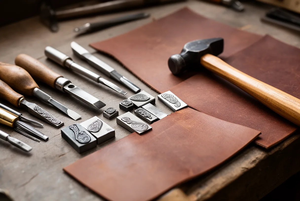 Outils de gravure posés sur un établi d'artisan