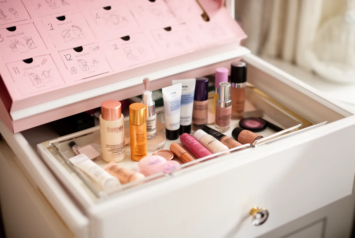 Miniatures de soins et maquillage sorties d'un tiroir de calendrier de l'avent