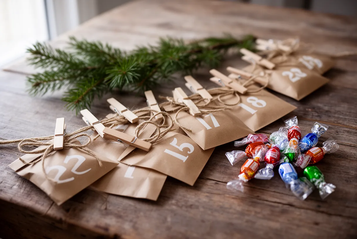 préparation d'un calendrier de l'avent fait maison avec sacs en kraft et pinces à linge