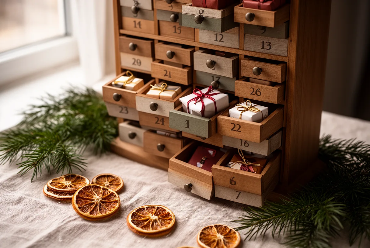 calendrier de l'avent en bois avec petits tiroirs fermés et quelques cadeaux
