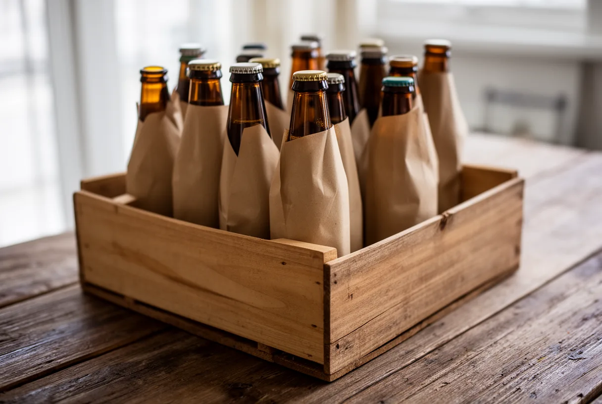 Caisse en bois remplie de bouteilles de bière emballées dans du papier kraft opaque.