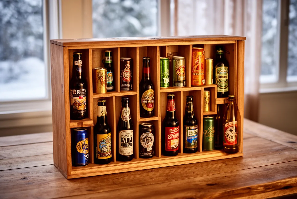 Calendrier de l'avent en bois contenant vingt-quatre bouteilles de bières artisanales différentes.