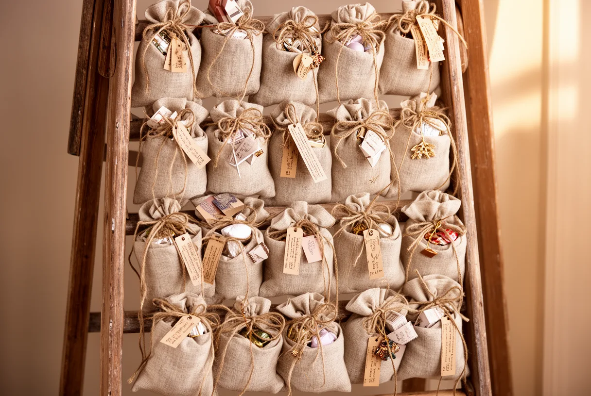 Calendrier de l'avent fait maison avec des sacs en lin accrochés à une échelle en bois.