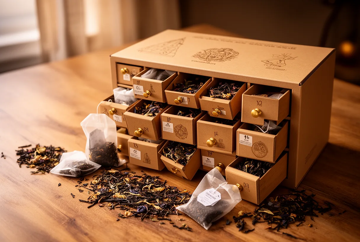 Calendrier de l'avent en bois avec tiroirs ouverts contenant des sachets de thé et du thé en vrac